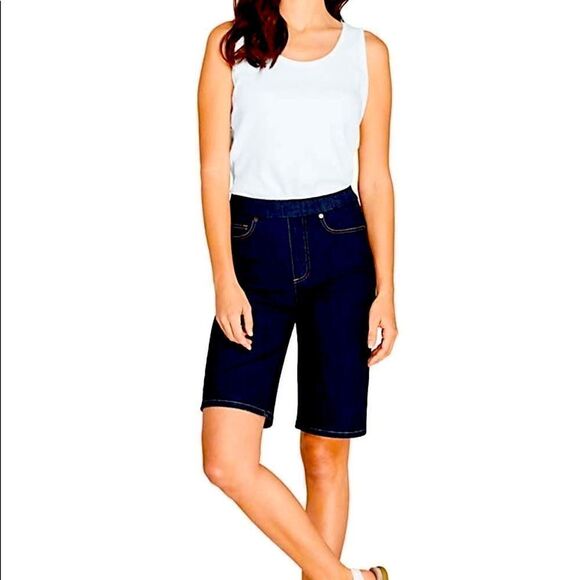 Land’s End pull on Stretch knee length Bermuda shorts solid black denim 6 - Picture 1 of 9